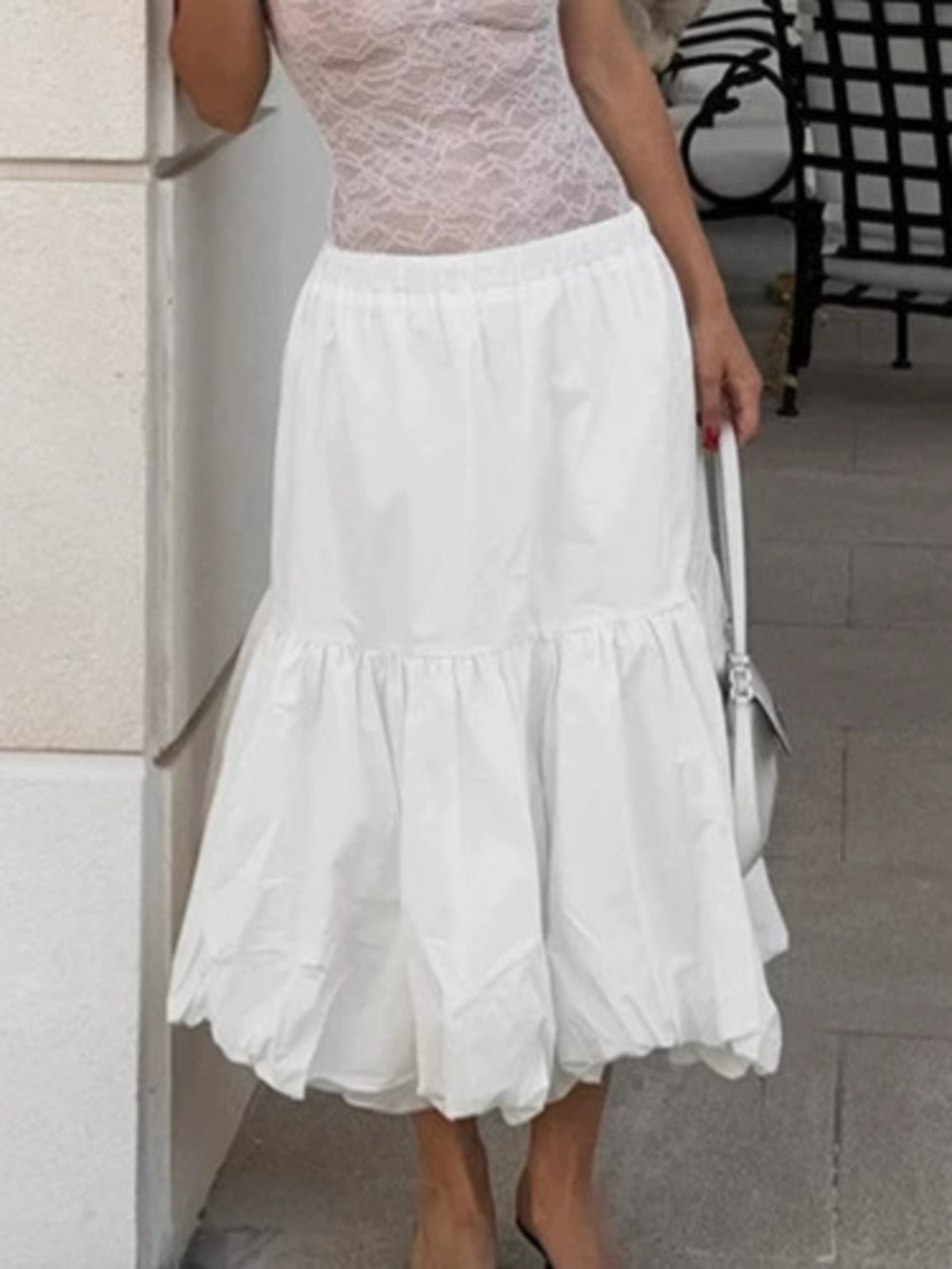 Forever 21 White Bud Midi Skirt High Waist Summer